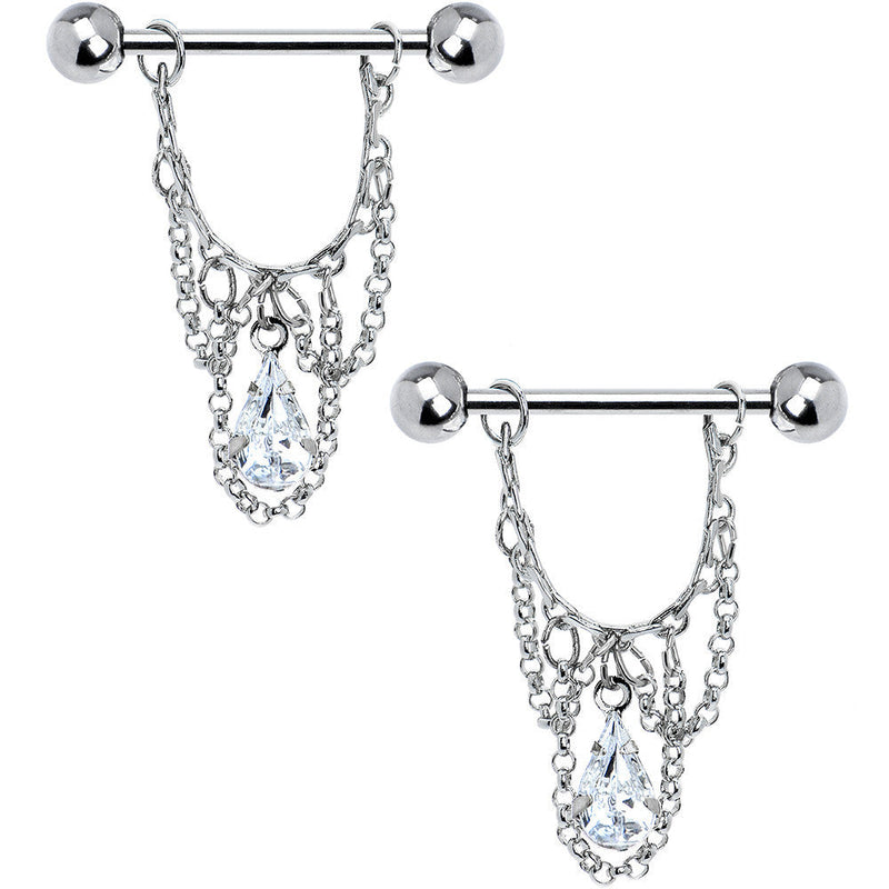 14G 5/8 Clear Teardrop Chain Dangle Nipple Ring Set