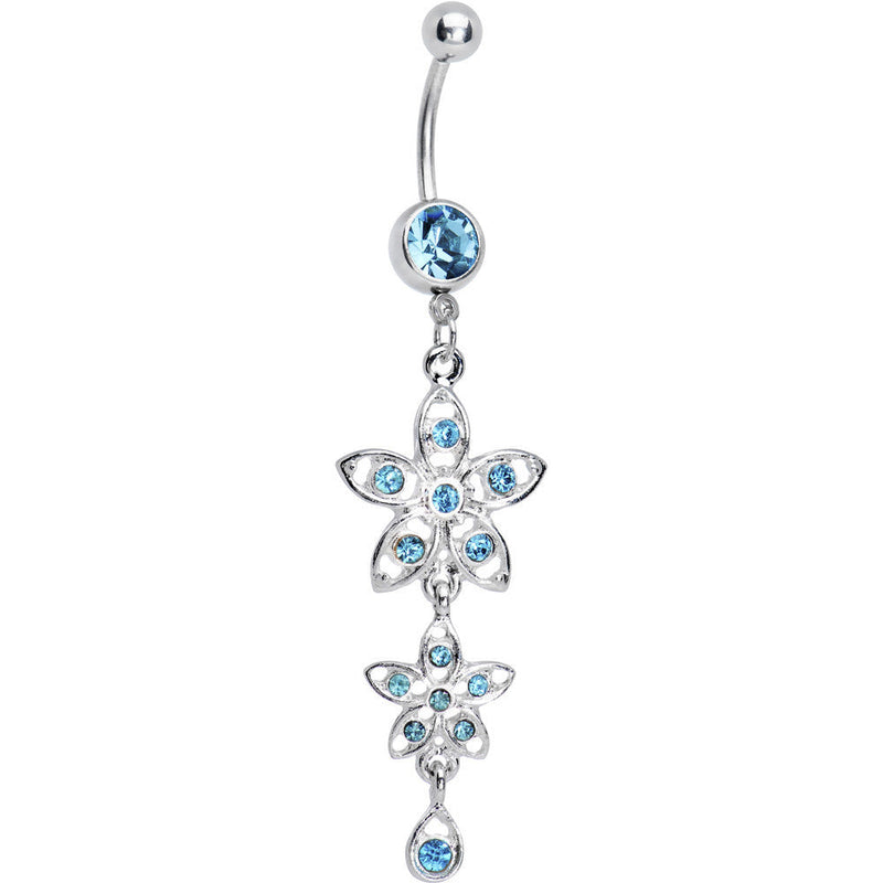 Aqua Gem Duet Flowers Belly Ring