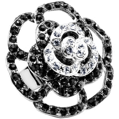Black and Clear Crystal Flower Bloom Adjustable Ring