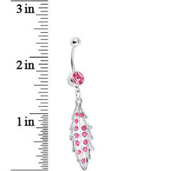 Pink Gem Shimmering Leaf Dangle Belly Ring