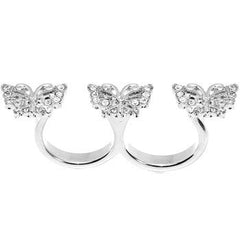 Silver Tone Crystalline Butterfly Trio Double Finger Ring