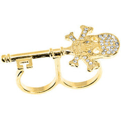 Gold Tone Crystalline Skull & Cross Bones Double Finger Ring