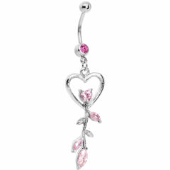 Pink Gem Heart Rose Flower Floral Belly Ring