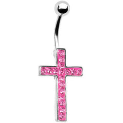Pink Gem Paved Perfect Cross Belly Ring