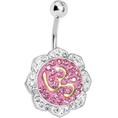 Crystalline Gem Pink Lotus Flower Ohm Belly Ring