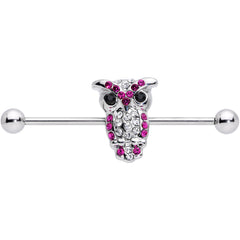 Pink and Clear Gem Paved Owl Industrial Barbell 37mm