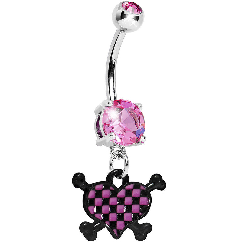Pink Gem Crossbones Checkerboard Heart Belly Ring