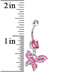 Pink Gem Paved Flyaway Butterfly Belly Ring