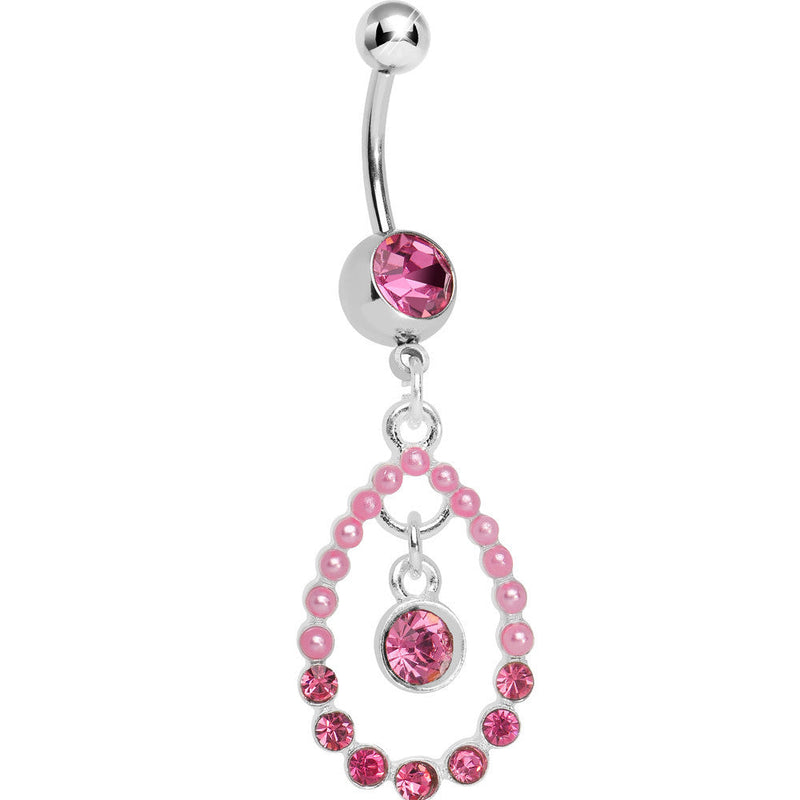 Pink Gem Faux Pearl Teardrop Dangle Belly Ring