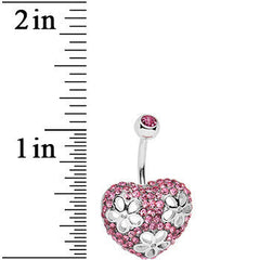 Pink Cubic Zirconia Paved Floral Heart Belly Ring
