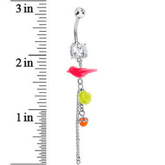 Crystalline Gem Pink Neon Bird Yellow Neon Rose Flower Dangle Belly Ring
