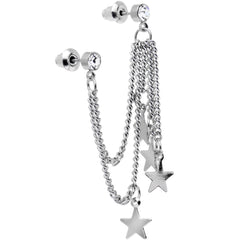 Clear Gem 3 Star Double Chain Ear to Cartilage Stud Earrings