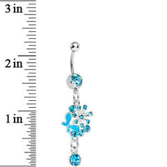 Single Gem Aqua Floral Burst Butterfly Dangle Belly Ring
