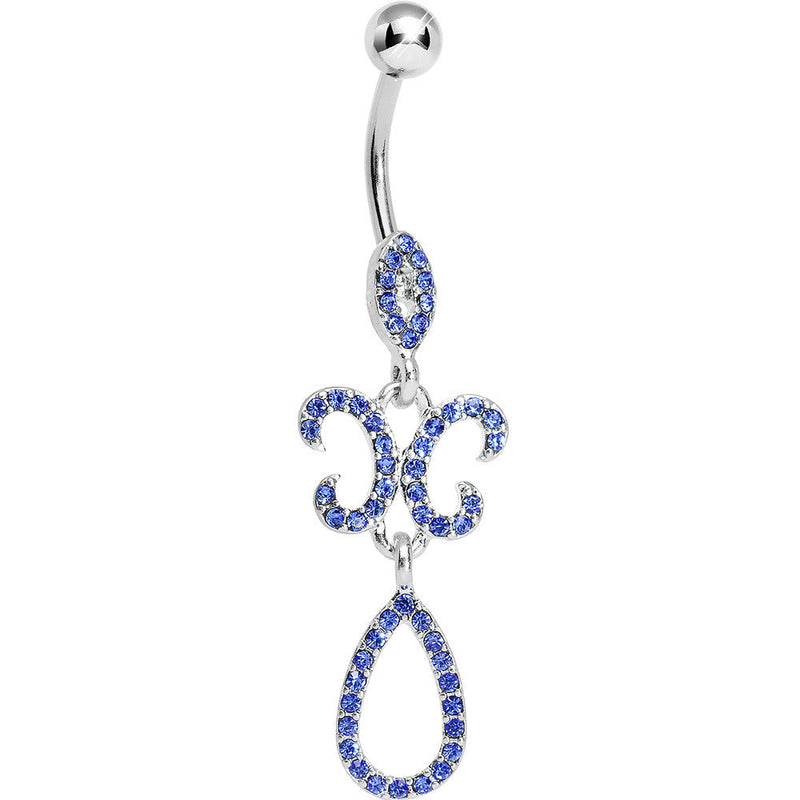Sapphire Blue Gem Crystalline Fleur di Lis Teardrop Double Dangle Belly Ring