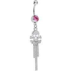 Pink Gem Rattling Chains Skull and Bones Dangle Belly Ring