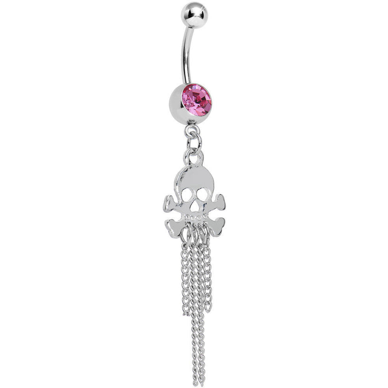 Pink Gem Rattling Chains Skull and Bones Dangle Belly Ring