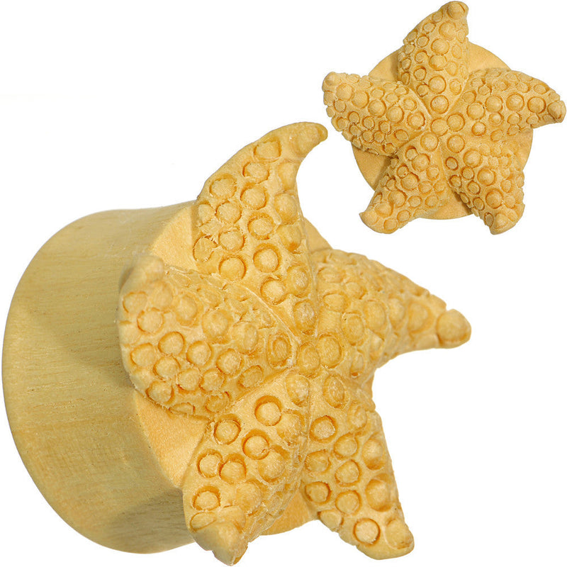 7/8 Organic Crocodile Wood Starfish Treasure Hand Carved Plug Set