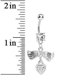 Crystalline Gem Fancy Angel Wings Paved Heart Dangle Belly Ring