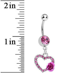 Pink Gem Paved Hollow Heart with Sweet Rose Flower Dangle Belly Ring