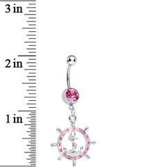 Pink Gem Ship Wheel and Anchor Dangle Belly Ring