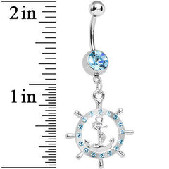 Aqua Gem Ship Wheel and Anchor Dangle Belly Ring