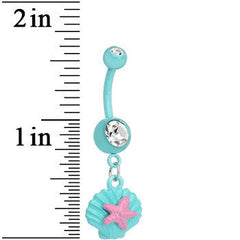 Crystalline Gem Aqua Seashell and Pink Starfish Dangle Belly Ring
