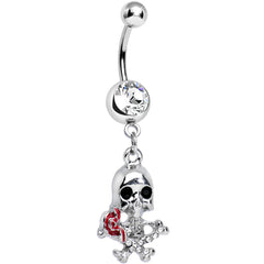 Clear Gem Death in Bloom Skull and Rose Flower Dangle Belly Ring
