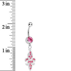 Pink Gem Paved Fleur de Lis Dangle Belly Ring