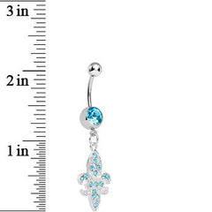 Aqua Gem Paved Fleur de Lis Dangle Belly Ring