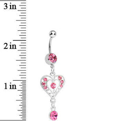 Pink Gem Drops of Love Heart Dangle Belly Ring