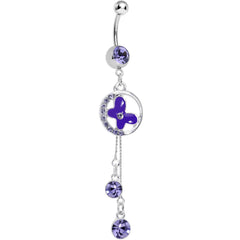 Purple Cubic Zirconia Drops Encircled Butterfly Dangle Belly Ring