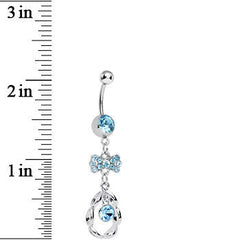 Aqua CZ Drop in a Drop and Sparkling Bow Dangle Belly Ring