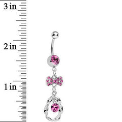 Pink CZ Drop in a Drop and Sparkling Bow Dangle Belly Ring