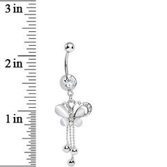 Clear Gem Silver Beads White Pearly Butterfly Dangle Belly Ring