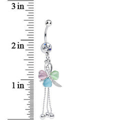 Clear Gem Multicolored Ribbon Hearts Dangle Belly Ring