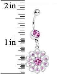Pink CZ Round Crystal Flower Dangle Belly Ring