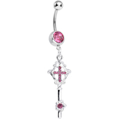 Pink Gem Key to Faith Cross Dangle Belly Ring