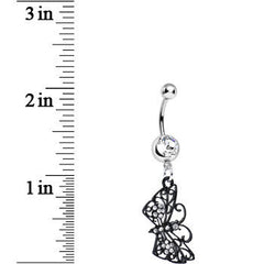 Clear Gem Floral Wings Black Butterfly Dangle Belly Ring