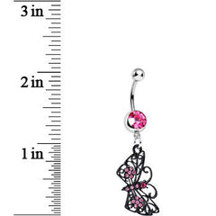 Pink Gem Floral Wings Black Butterfly Dangle Belly Ring