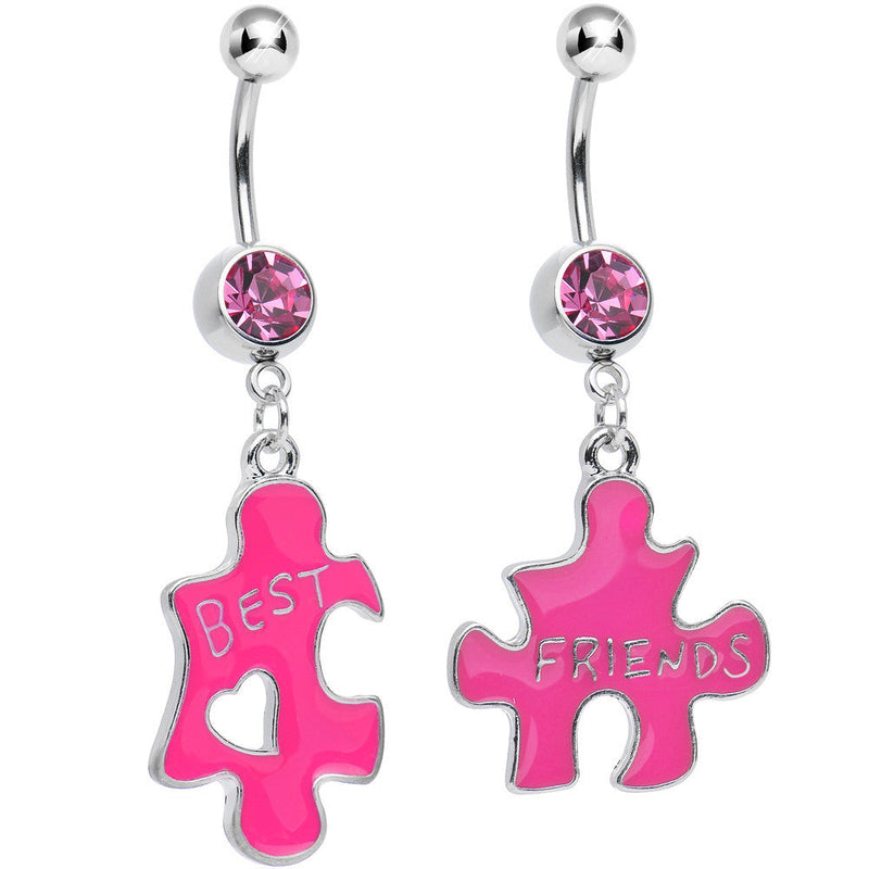 Pink Crystal Double Puzzle Piece Best Friends Dangle Belly Ring Set