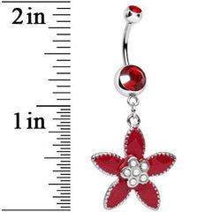 Red CZ Pearly Center Velvet Leaf Flower Dangle Belly Ring
