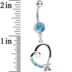 Aqua Crystal Flower and Twisting Heart Dangle Belly Ring
