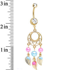 Clear Gem Gold Plated Pearly Feathers Dreamcatcher Dangle Belly Ring
