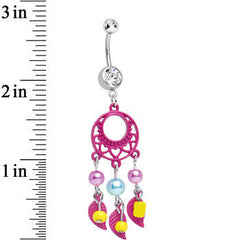 Clear Double CZ Pearly Feathers Pink Dreamcatcher Dangle Belly Ring