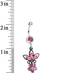 Pink Gem Power of the Dual Black Flower Dangle Belly Ring