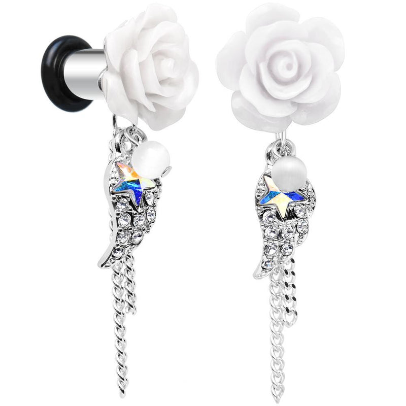 Clear Gem Angel Wing and White Rose Flower Single Flare Dangle Plug Sizes 6mm to 16mm