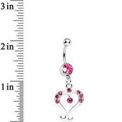 Pink Gem Fanciful Arched Heart Dangle Belly Ring