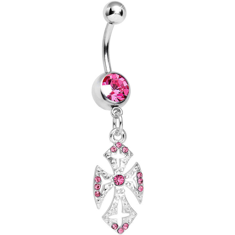 Pink Gem Ornate Heavenly Cross Dangle Belly Ring