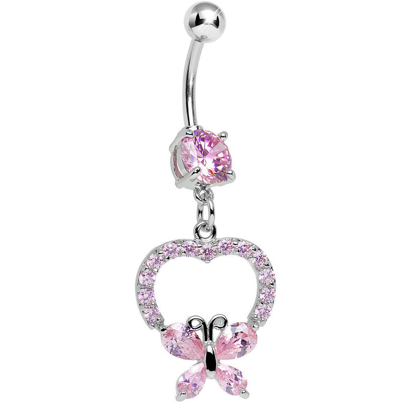 Pink Gem Hollow Heart Beautiful Butterfly Dangle Belly Ring