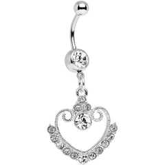 Clear Gem Ornate Hollow Heart Dangle Belly Ring